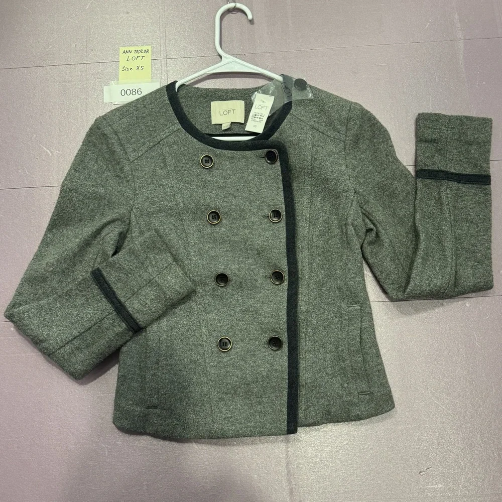 LOFT Double Breasted Jacket Womens XS Gray NEW Wool Blend Contrast Trim Military